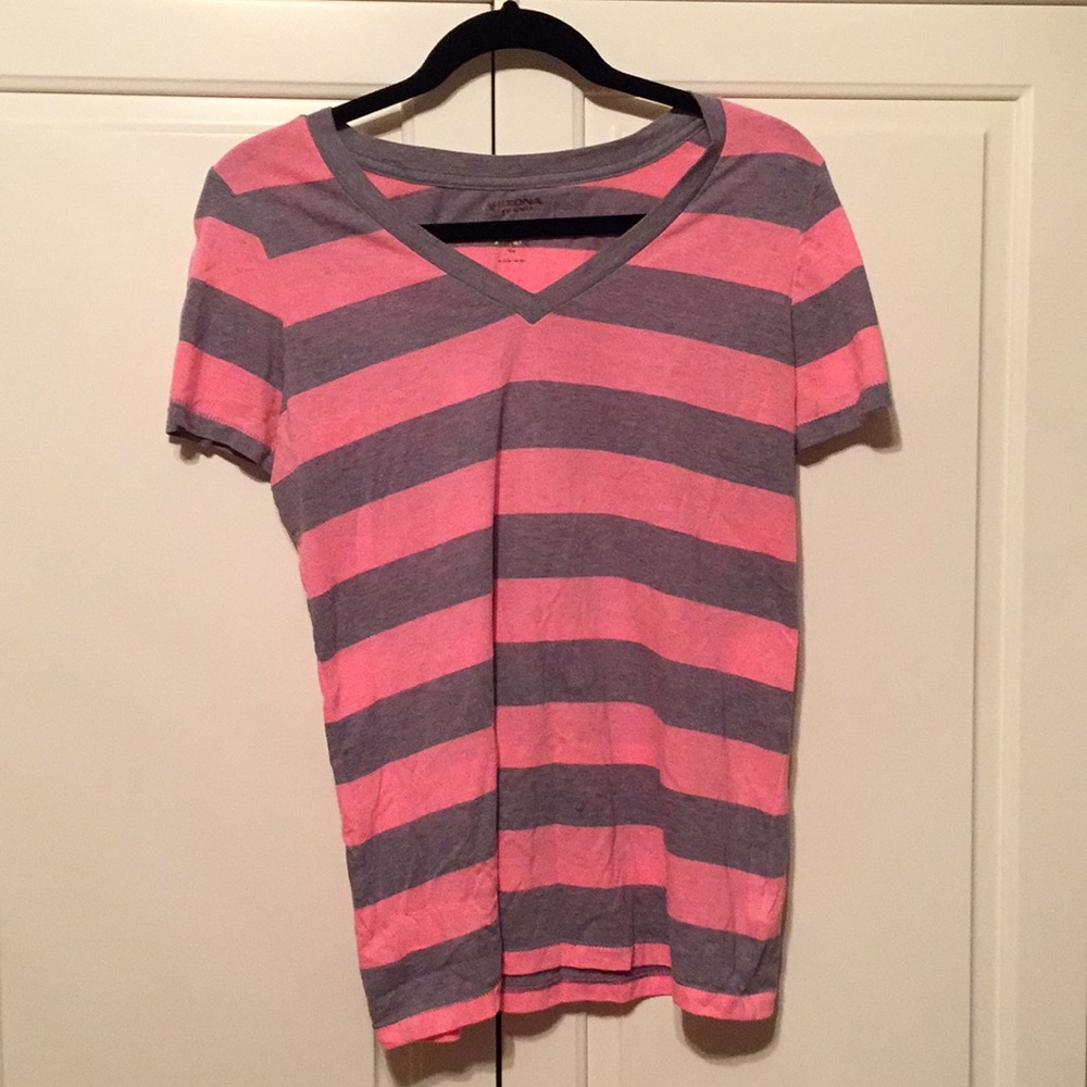 Pink & Grey striped V-Neck